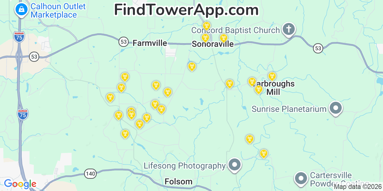 Map showing the 23 primary AT&T cell tower locations detected in Sonoraville, Georgia with coverage radius and signal strength indicators