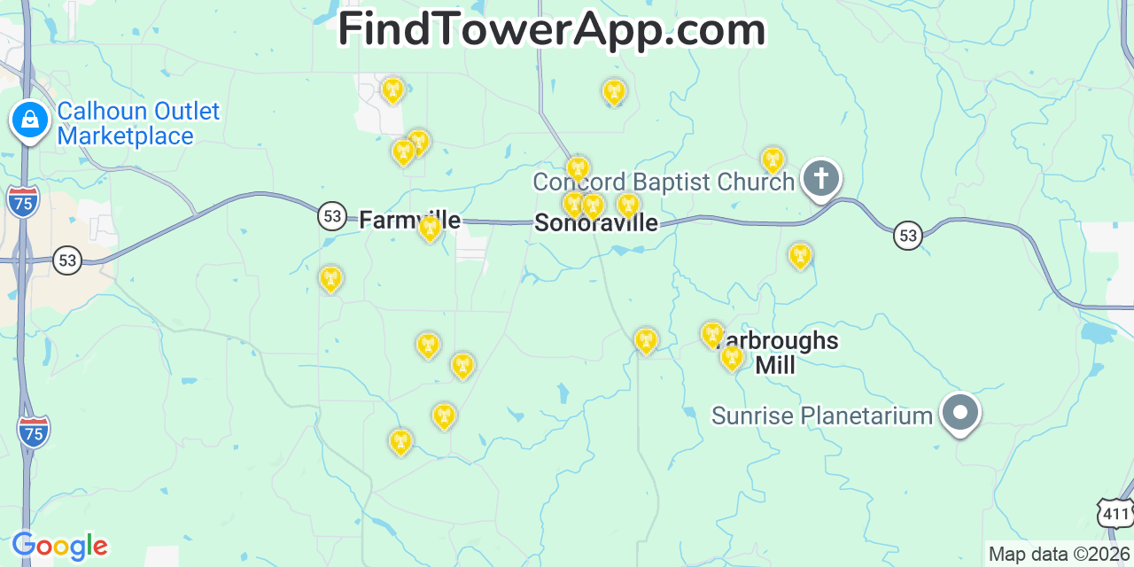 Map showing the 20 primary cell tower locations detected in Sonoraville, Georgia from AT&T, Verizon, and T-Mobile networks