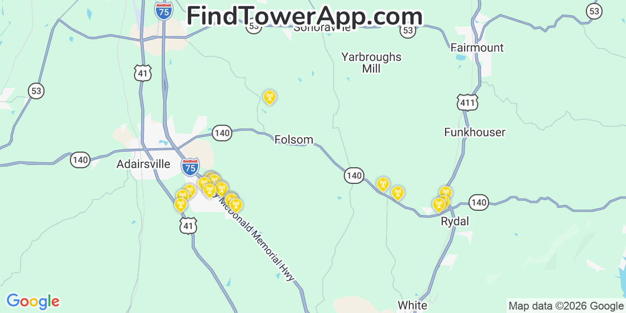 Map showing the 21 primary T-Mobile cell tower locations detected in Sonoraville, Georgia with coverage radius and signal strength indicators