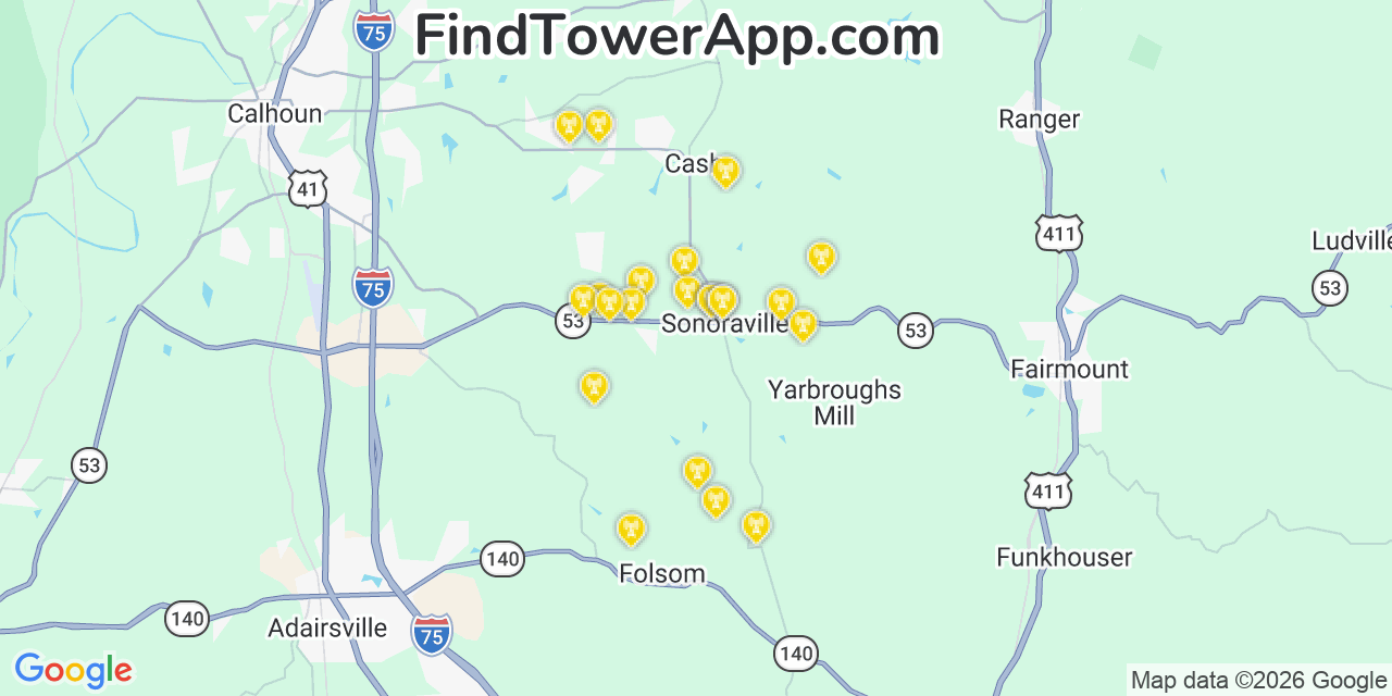 Map showing the 22 primary Verizon cell tower locations detected in Sonoraville, Georgia with coverage radius and signal strength indicators
