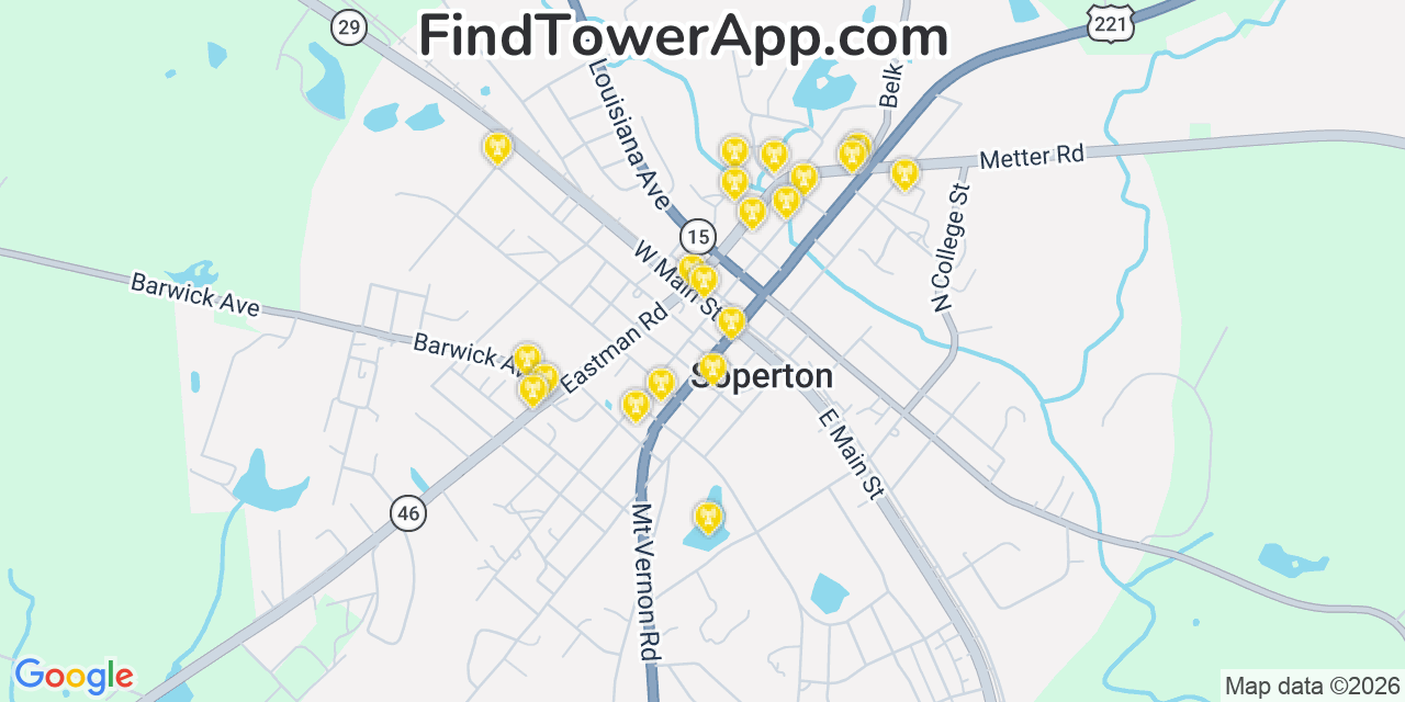 Map showing the 20 primary cell tower locations detected in Soperton, Georgia from AT&T, Verizon, and T-Mobile networks