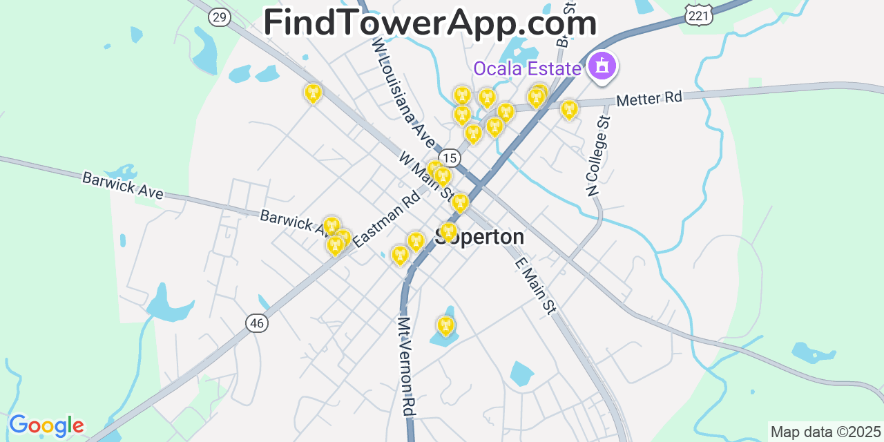 Map showing the 20 primary Mobitel cell tower locations detected in Soperton, Georgia with coverage radius and signal strength indicators