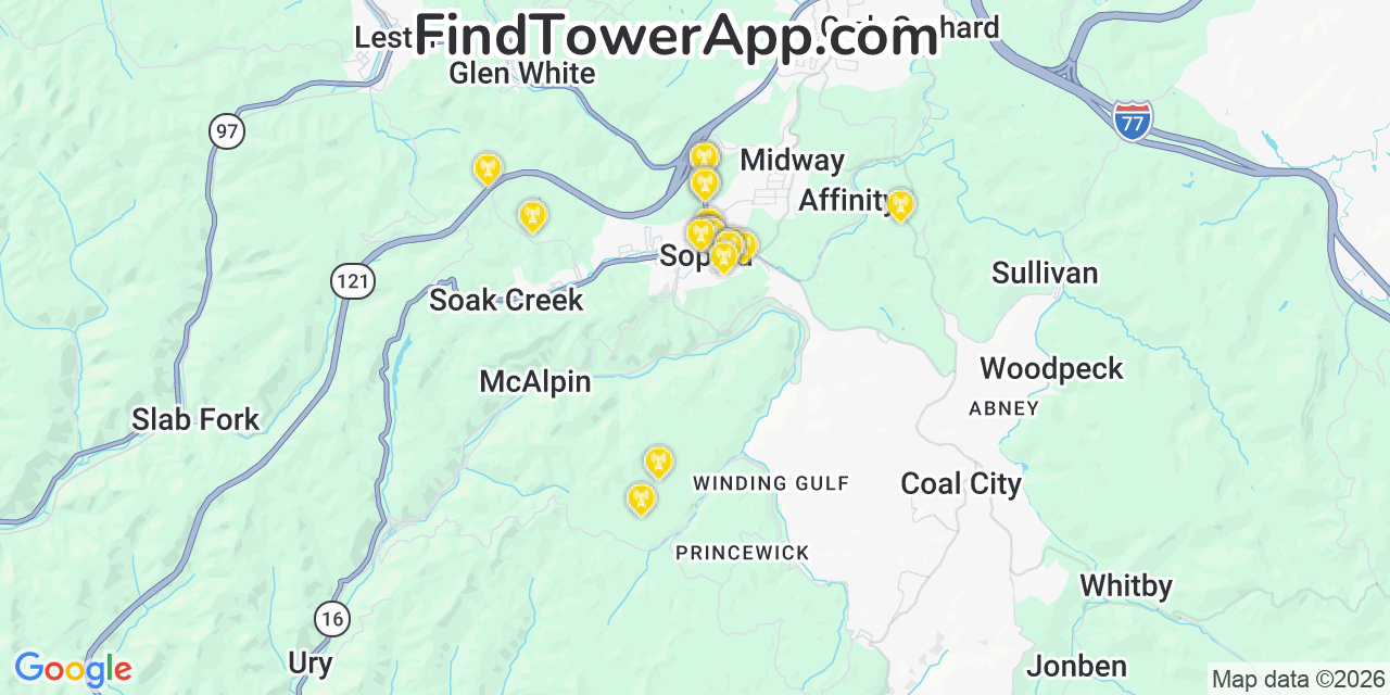 Map showing the 20 primary cell tower locations detected in Sophia, West Virginia from AT&T, Verizon, and T-Mobile networks