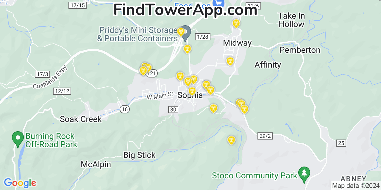 Verizon 4G/5G cell tower coverage map Sophia, West Virginia