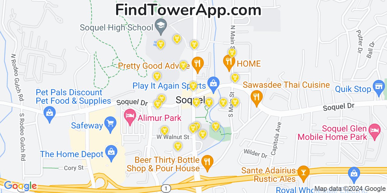 AT&T 4G/5G cell tower coverage map Soquel, California