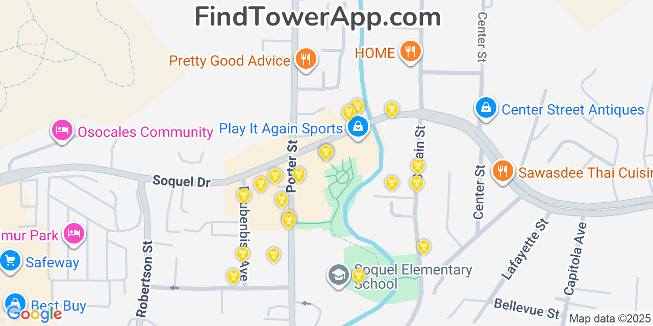 Map showing the 20 primary cell tower locations detected in Soquel, California from AT&T, Verizon, and T-Mobile networks