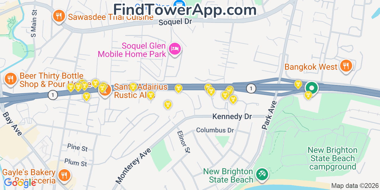 Map showing the 20 primary cell tower locations detected in Soquel, California from AT&T, Verizon, and T-Mobile networks