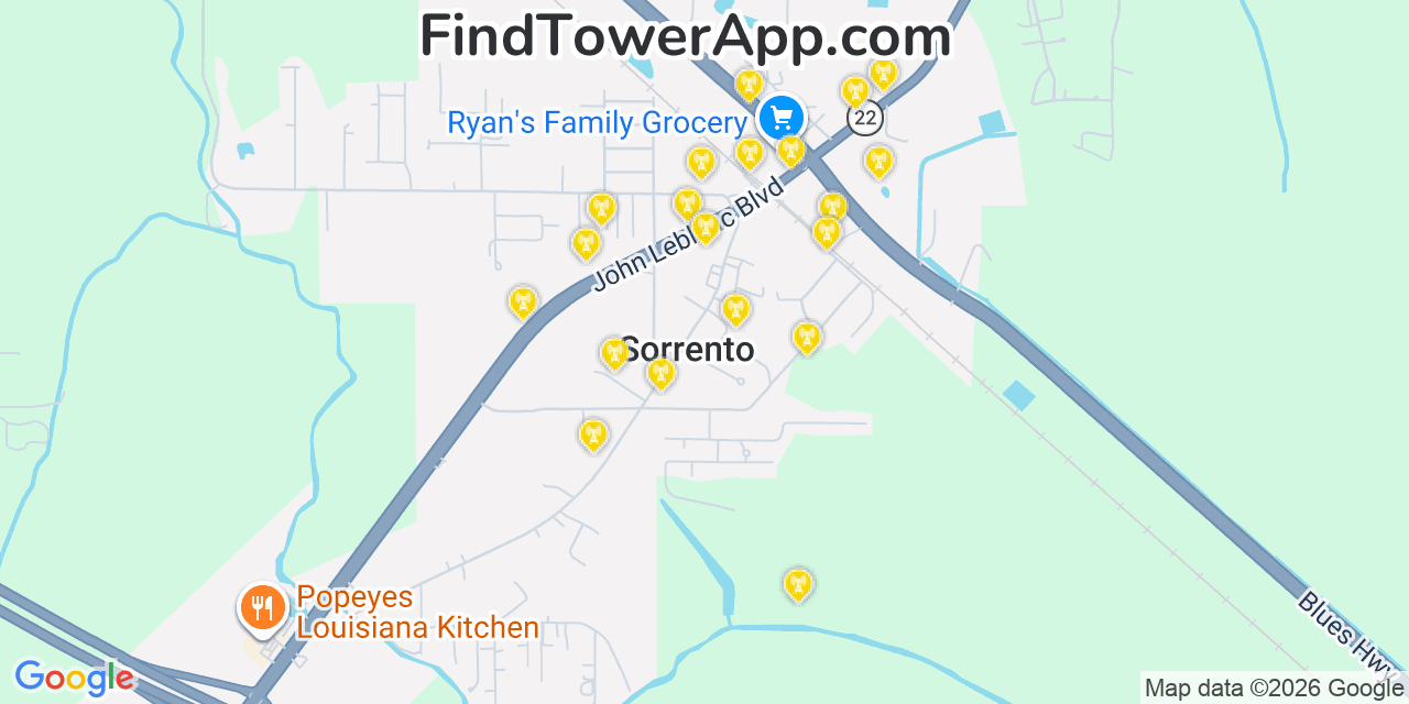 Map showing the 20 primary cell tower locations detected in Sorrento, Louisiana from AT&T, Verizon, and T-Mobile networks