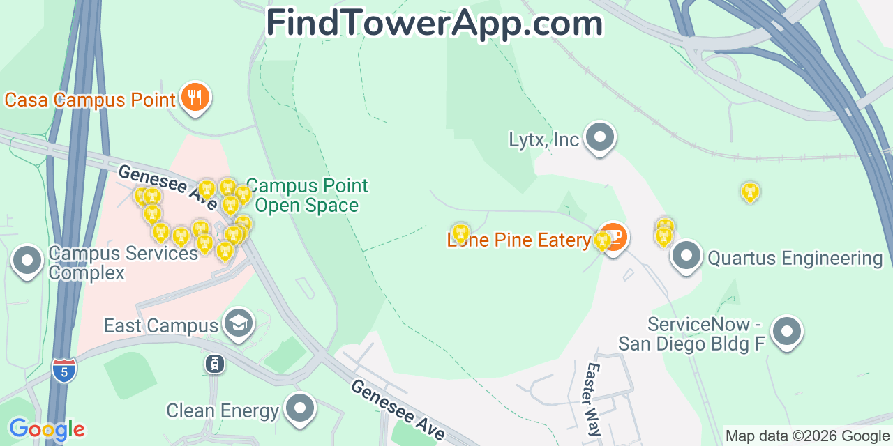 Map showing the 20 primary cell tower locations detected in Sorrento Valley, California from AT&T, Verizon, and T-Mobile networks