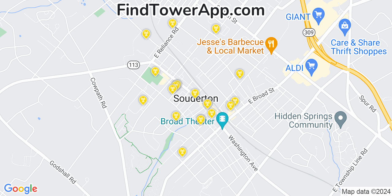 AT&T 4G/5G cell tower coverage map Souderton, Pennsylvania