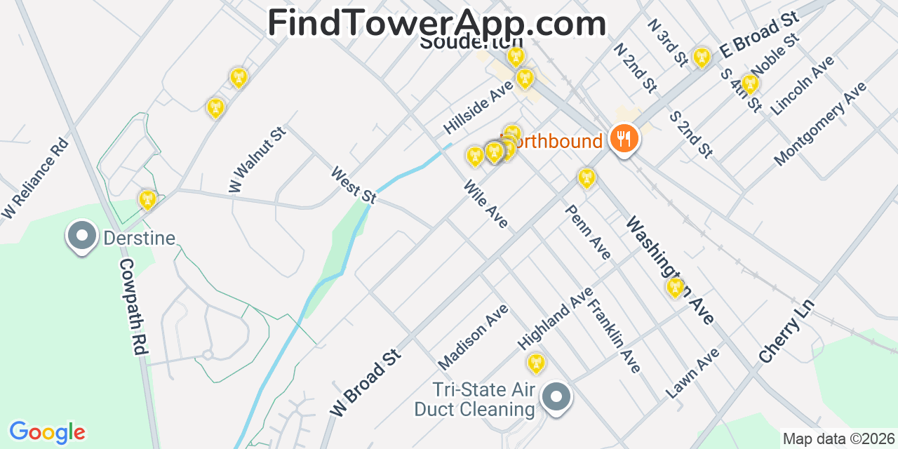 Map showing the 20 primary cell tower locations detected in Souderton, Pennsylvania from AT&T, Verizon, and T-Mobile networks