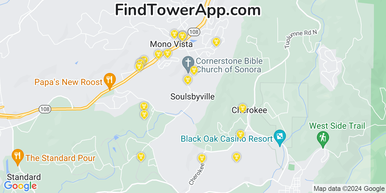 AT&T 4G/5G cell tower coverage map Soulsbyville, California