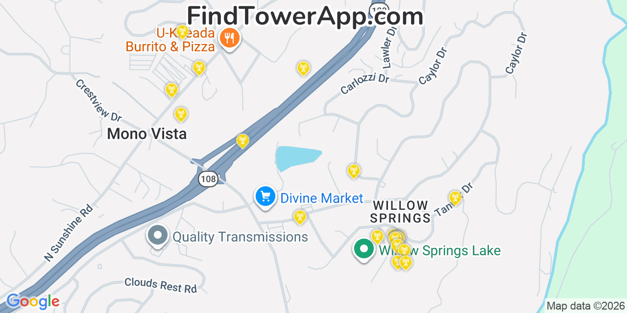 Map showing the 20 primary cell tower locations detected in Soulsbyville, California from AT&T, Verizon, and T-Mobile networks