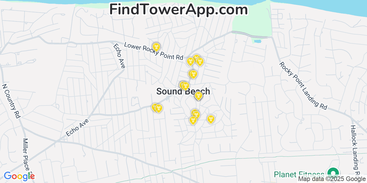 Map showing the 20 primary cell tower locations detected in Sound Beach, New York from AT&T, Verizon, and T-Mobile networks