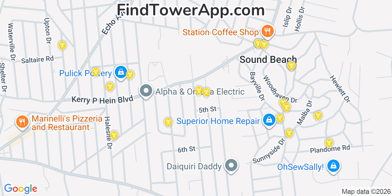 Map showing the 20 primary cell tower locations detected in Sound Beach, New York from AT&T, Verizon, and T-Mobile networks