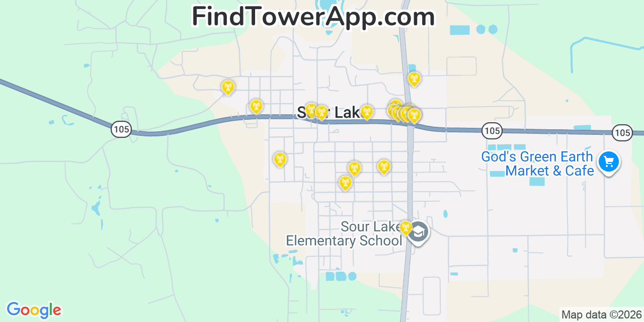 Map showing the 20 primary cell tower locations detected in Sour Lake, Texas from AT&T, Verizon, and T-Mobile networks