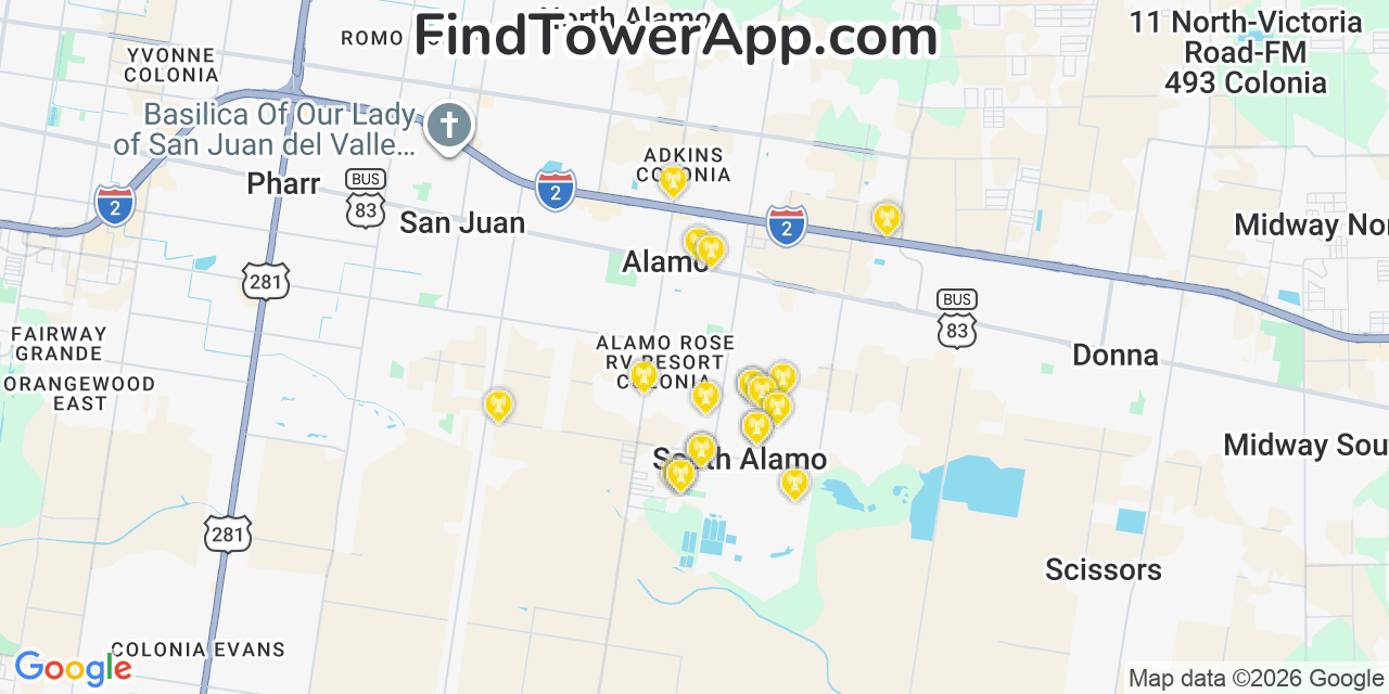 Map showing the 20 primary cell tower locations detected in South Alamo, Texas from AT&T, Verizon, and T-Mobile networks