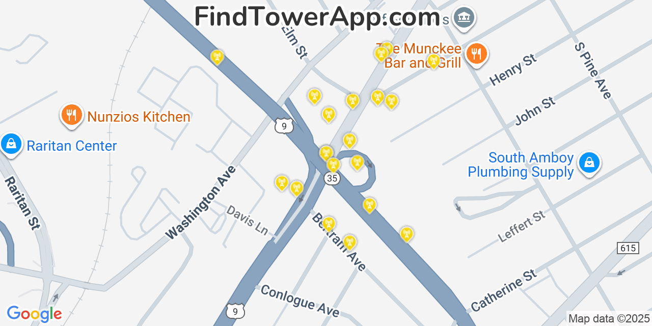 Map showing the 20 primary cell tower locations detected in South Amboy, New Jersey from AT&T, Verizon, and T-Mobile networks