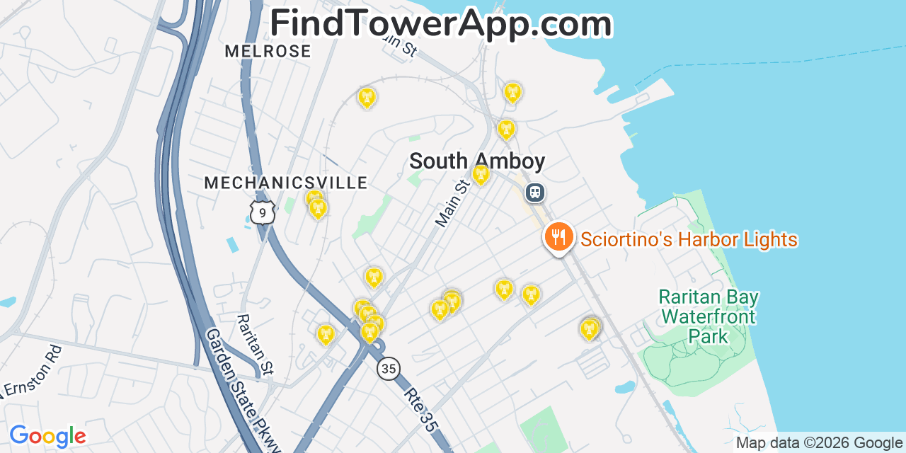 Map showing the 20 primary cell tower locations detected in South Amboy, New Jersey from AT&T, Verizon, and T-Mobile networks