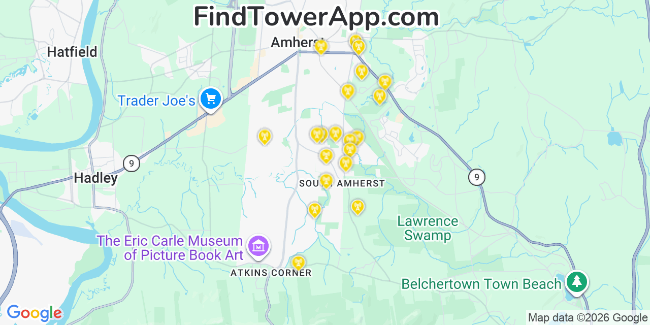 Map showing the 20 primary cell tower locations detected in South Amherst, Massachusetts from AT&T, Verizon, and T-Mobile networks