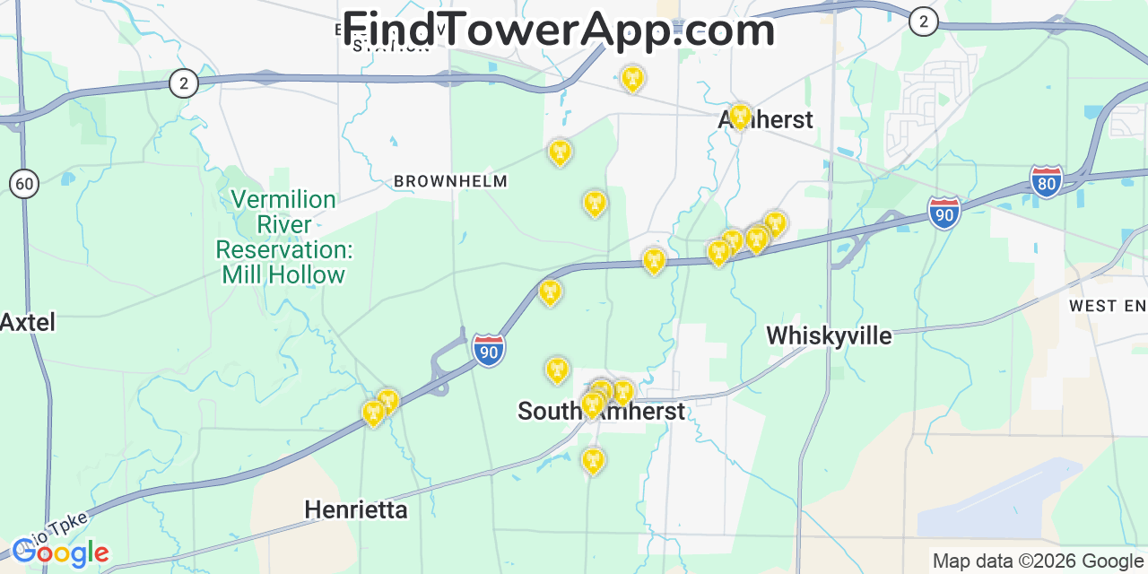 Map showing the 20 primary cell tower locations detected in South Amherst, Ohio from AT&T, Verizon, and T-Mobile networks