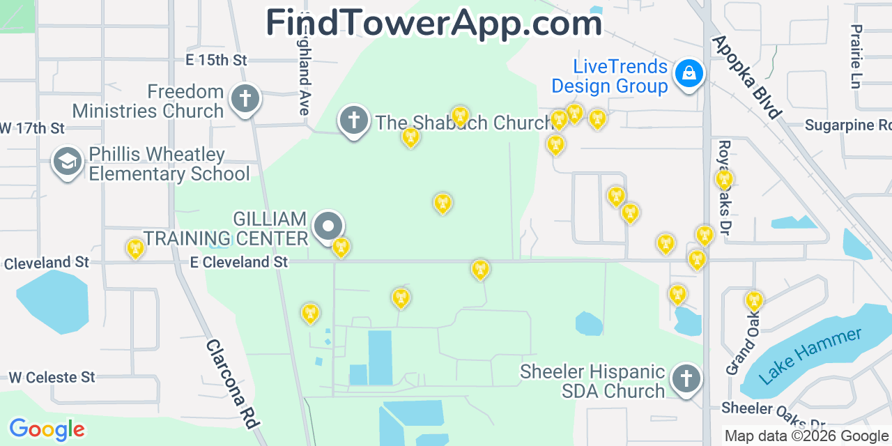 Map showing the 20 primary cell tower locations detected in South Apopka, Florida from AT&T, Verizon, and T-Mobile networks