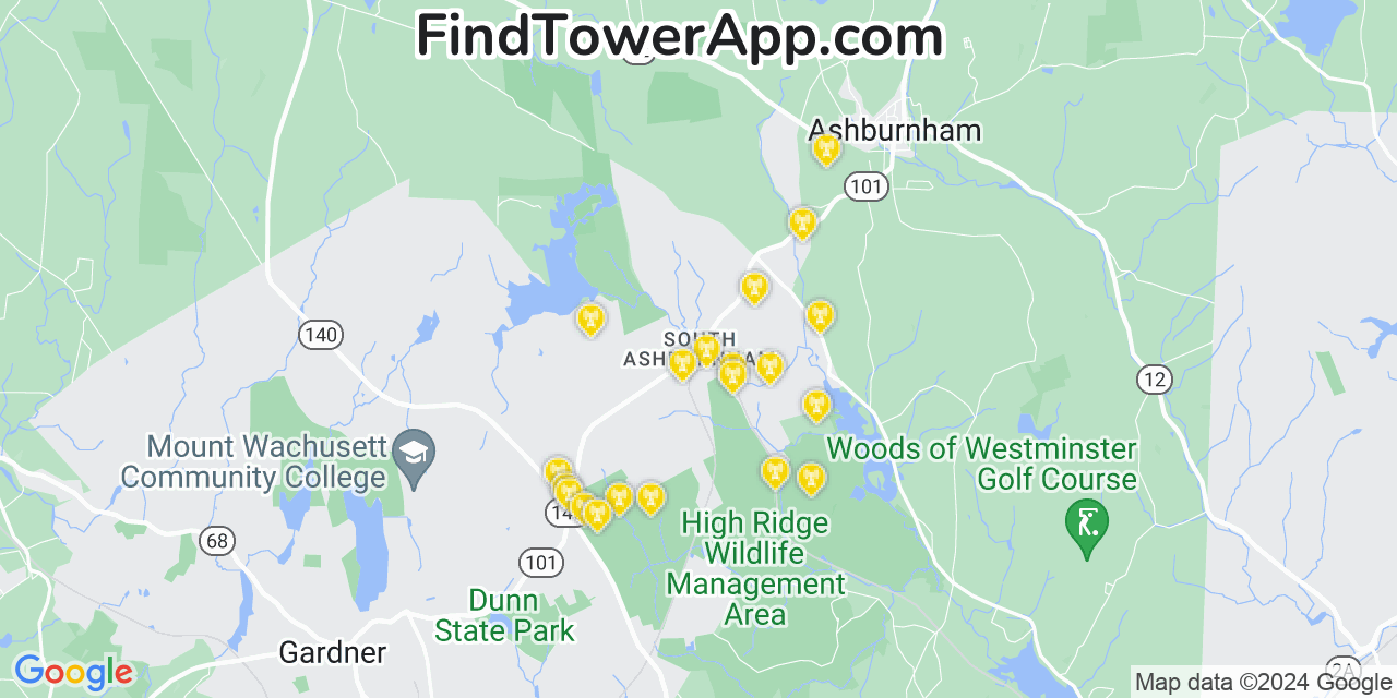 AT&T 4G/5G cell tower coverage map South Ashburnham, Massachusetts