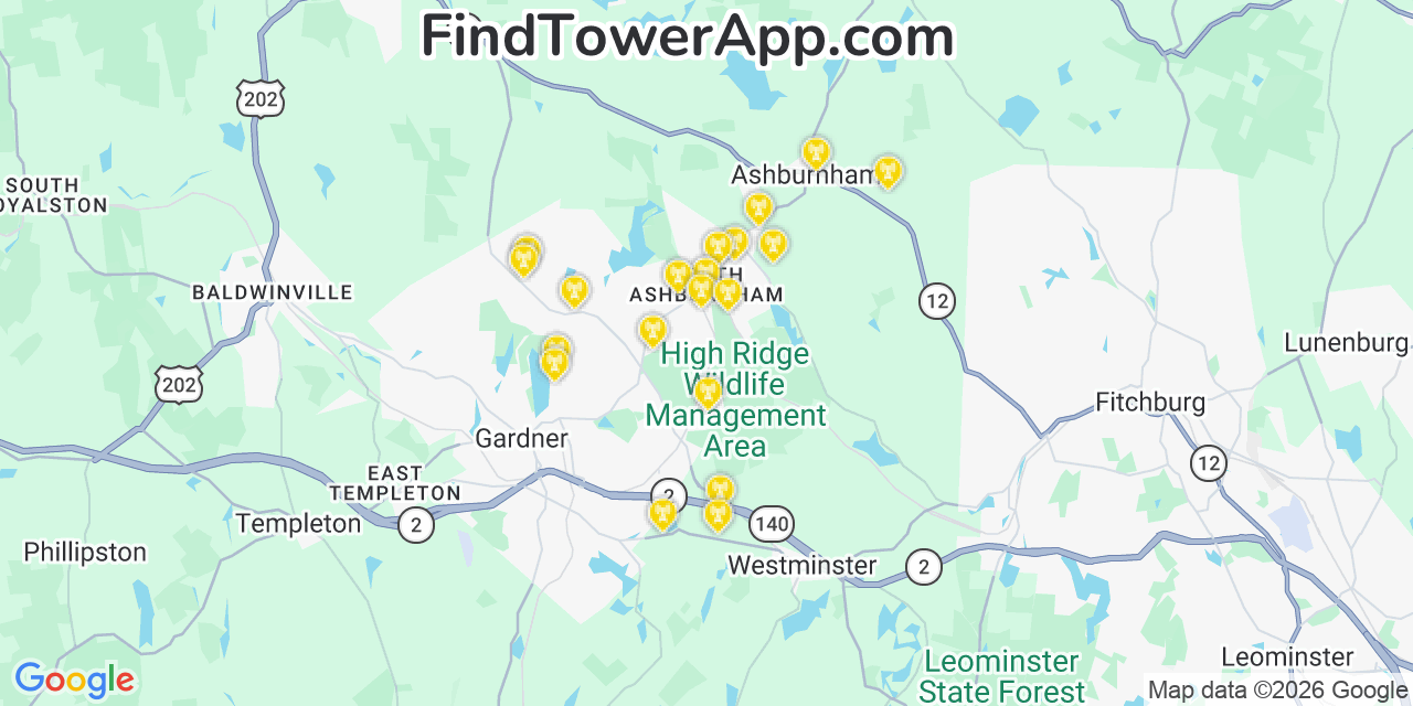 Map showing the 20 primary cell tower locations detected in South Ashburnham, Massachusetts from AT&T, Verizon, and T-Mobile networks
