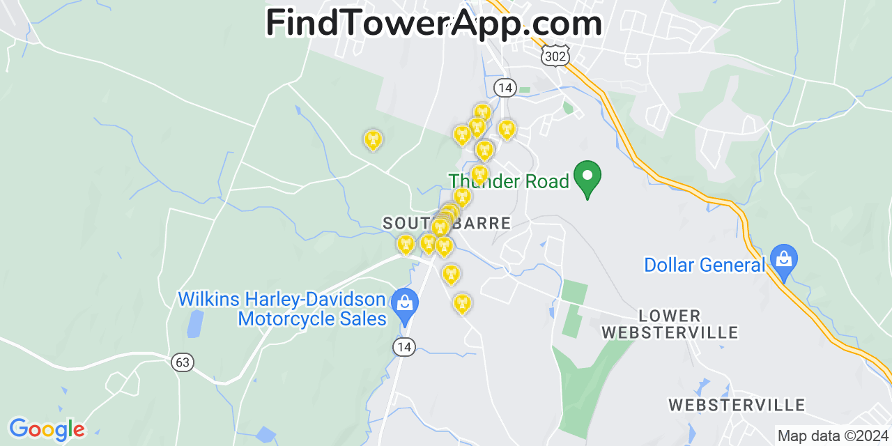 AT&T 4G/5G cell tower coverage map South Barre, Vermont