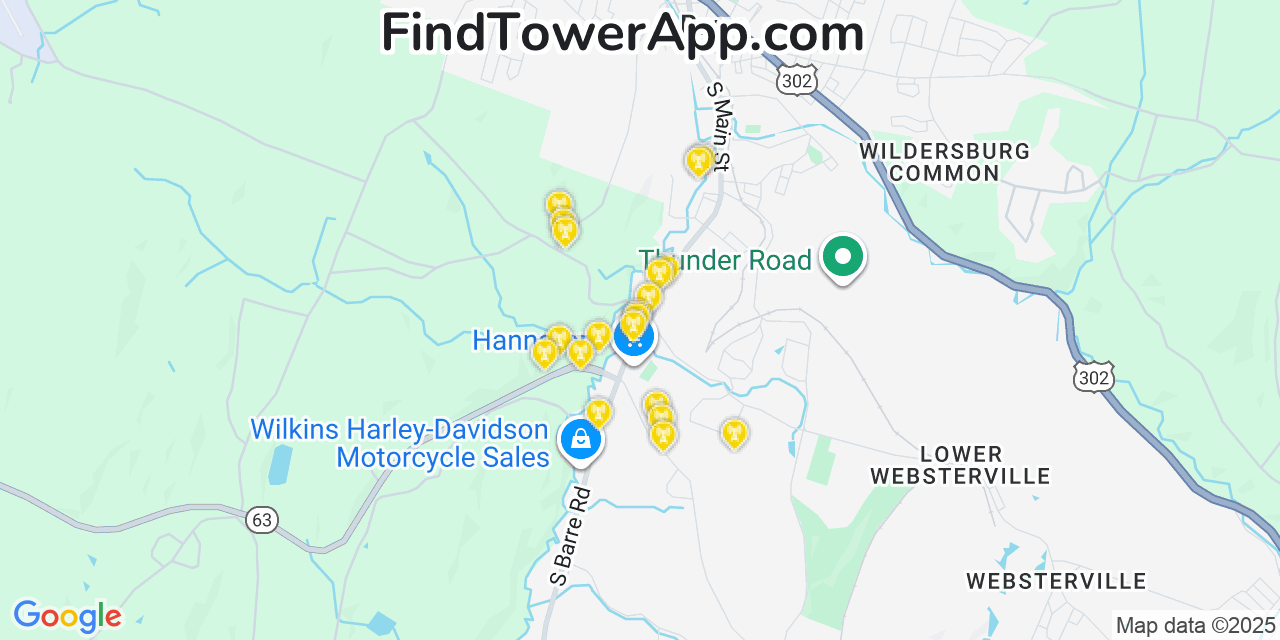 Map showing the 20 primary cell tower locations detected in South Barre, Vermont from AT&T, Verizon, and T-Mobile networks