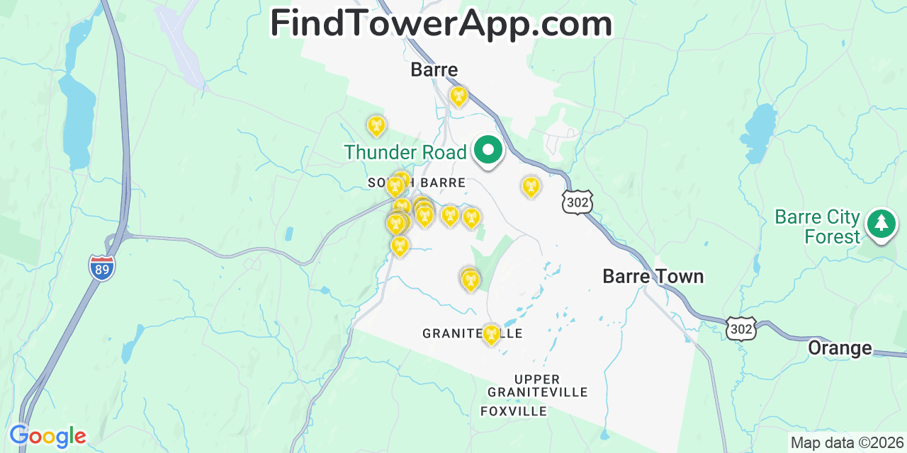Map showing the 20 primary cell tower locations detected in South Barre, Vermont from AT&T, Verizon, and T-Mobile networks