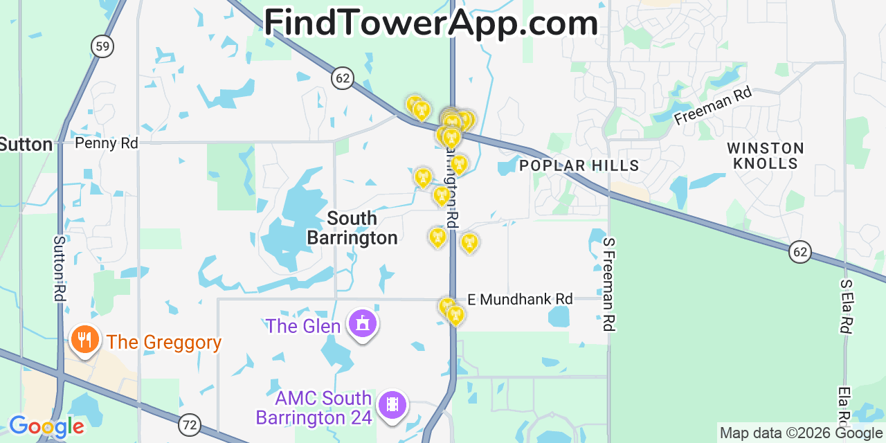 Map showing the 20 primary cell tower locations detected in South Barrington, Illinois from AT&T, Verizon, and T-Mobile networks