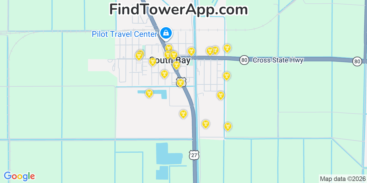 Map showing the 20 primary cell tower locations detected in South Bay, Florida from AT&T, Verizon, and T-Mobile networks