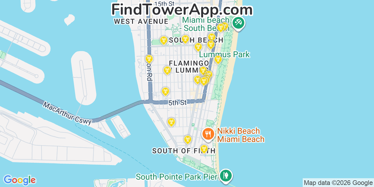 Map showing the 20 primary cell tower locations detected in South Beach, Florida from AT&T, Verizon, and T-Mobile networks