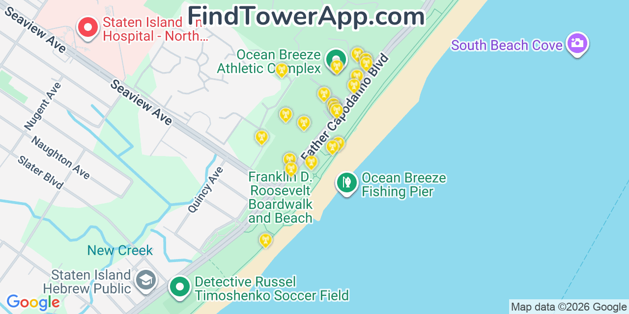 Map showing the 20 primary cell tower locations detected in South Beach, New York from AT&T, Verizon, and T-Mobile networks