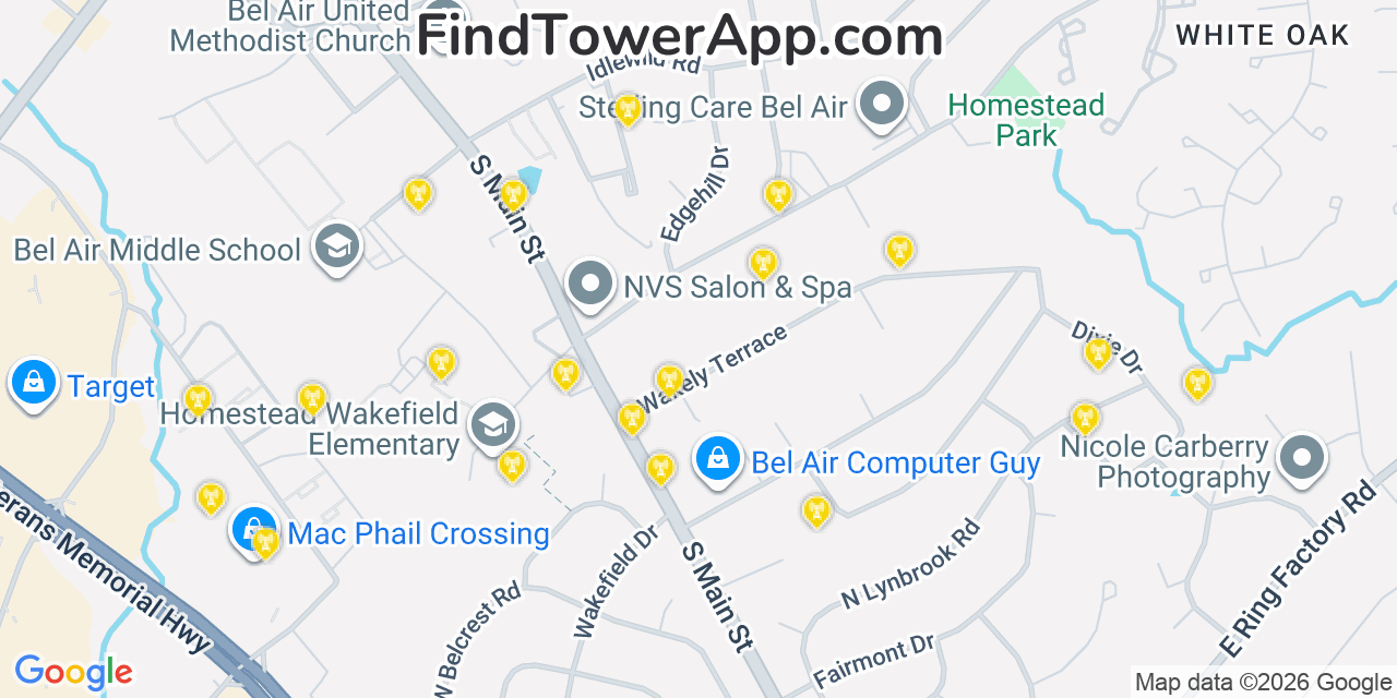 Map showing the 20 primary cell tower locations detected in South Bel Air, Maryland from AT&T, Verizon, and T-Mobile networks