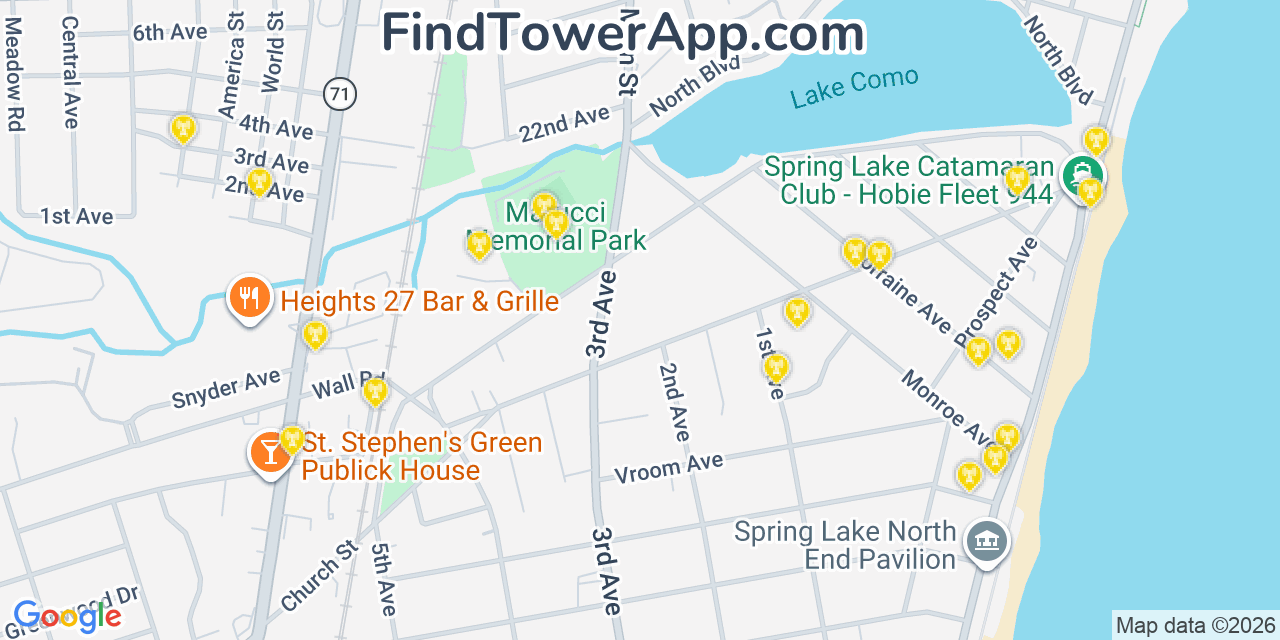 Map showing the 20 primary cell tower locations detected in South Belmar, New Jersey from AT&T, Verizon, and T-Mobile networks