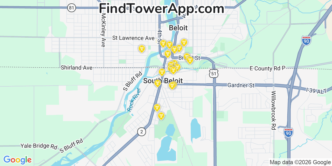 Map showing the 20 primary cell tower locations detected in South Beloit, Illinois from AT&T, Verizon, and T-Mobile networks