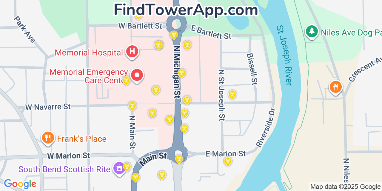 Map showing the 20 primary cell tower locations detected in South Bend, Indiana from AT&T, Verizon, and T-Mobile networks