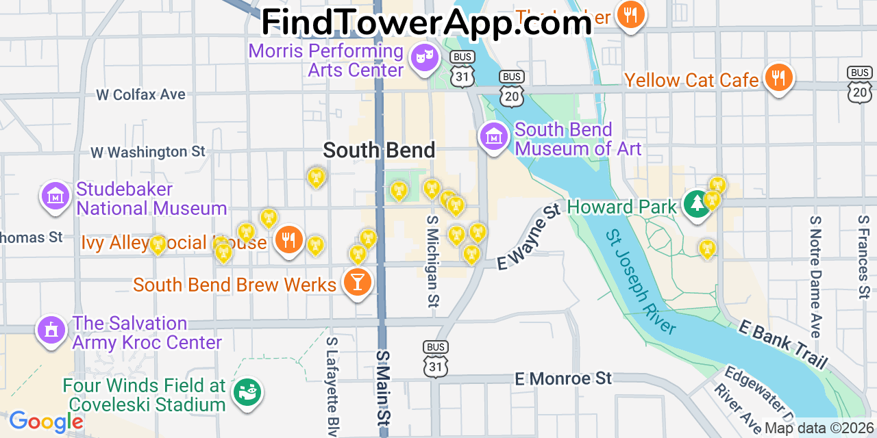 Map showing the 20 primary cell tower locations detected in South Bend, Indiana from AT&T, Verizon, and T-Mobile networks