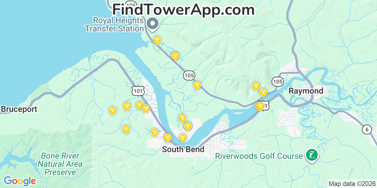 Map showing the 20 primary cell tower locations detected in South Bend, Washington from AT&T, Verizon, and T-Mobile networks
