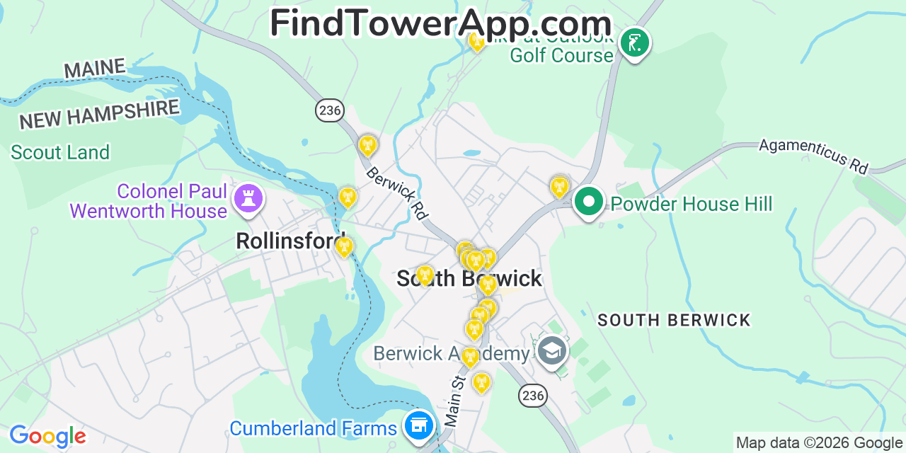 Map showing the 20 primary cell tower locations detected in South Berwick, Maine from AT&T, Verizon, and T-Mobile networks