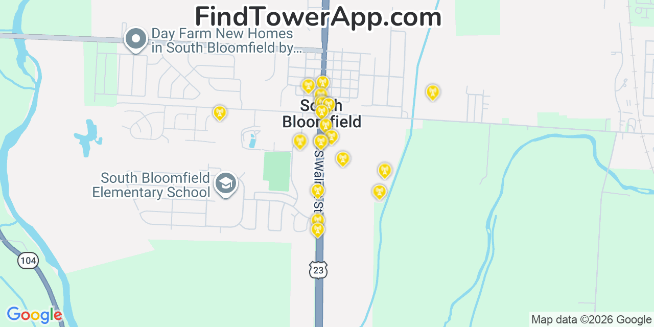 Map showing the 20 primary cell tower locations detected in South Bloomfield, Ohio from AT&T, Verizon, and T-Mobile networks
