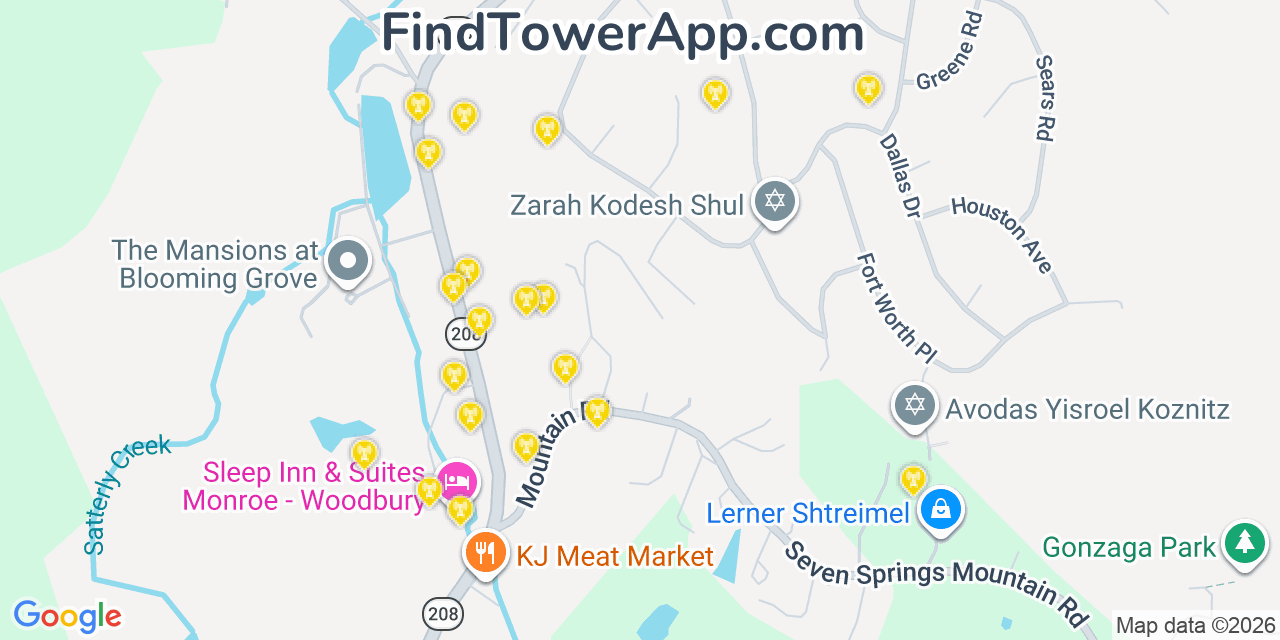 Map showing the 20 primary cell tower locations detected in South Blooming Grove, New York from AT&T, Verizon, and T-Mobile networks