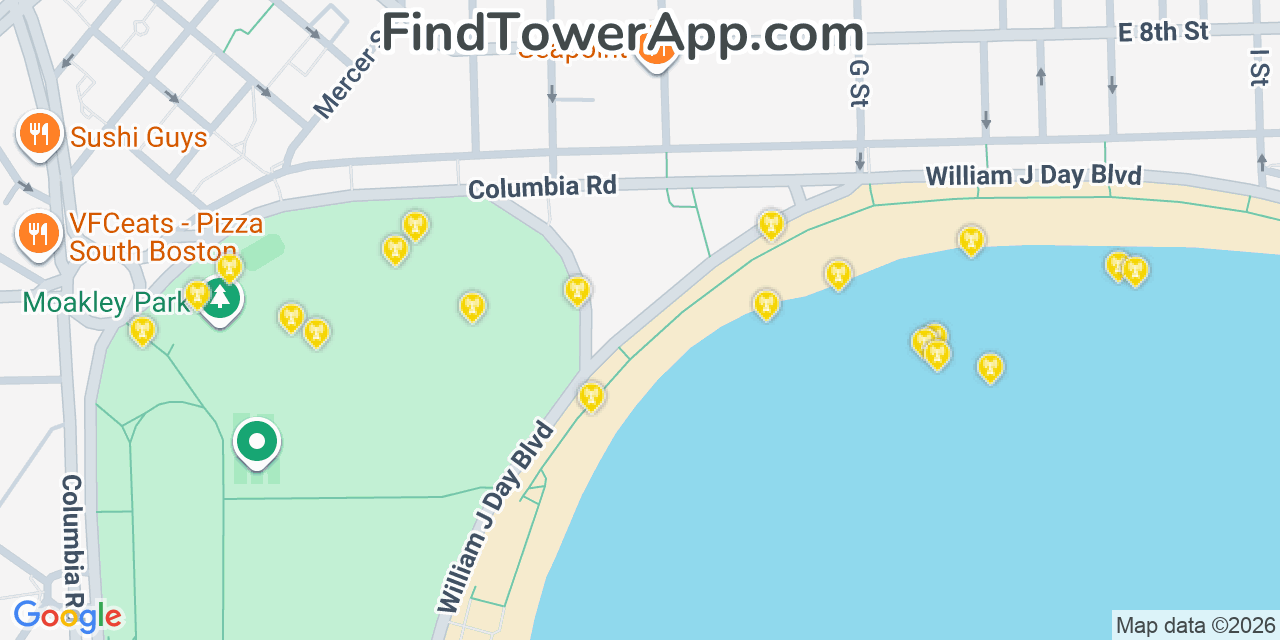 Map showing the 20 primary cell tower locations detected in South Boston, Massachusetts from AT&T, Verizon, and T-Mobile networks
