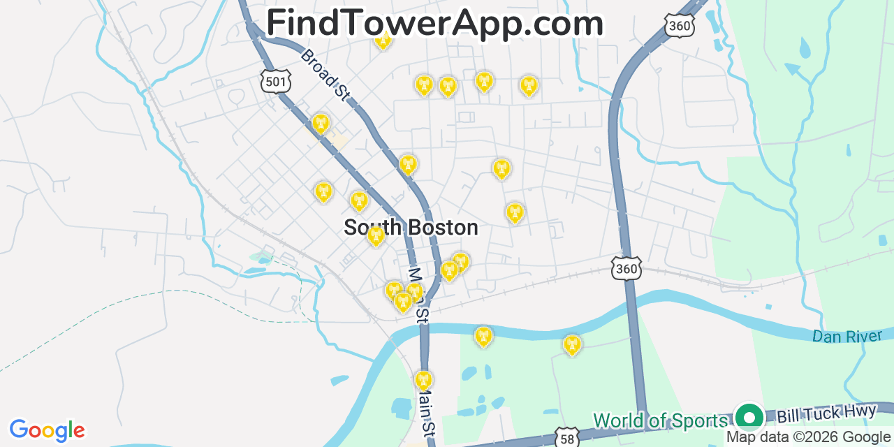 Map showing the 20 primary cell tower locations detected in South Boston, Virginia from AT&T, Verizon, and T-Mobile networks