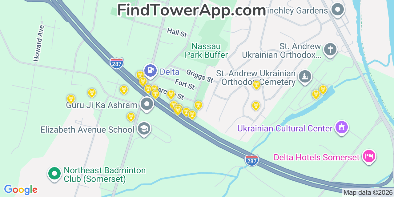 Map showing the 20 primary cell tower locations detected in South Bound Brook, New Jersey from AT&T, Verizon, and T-Mobile networks