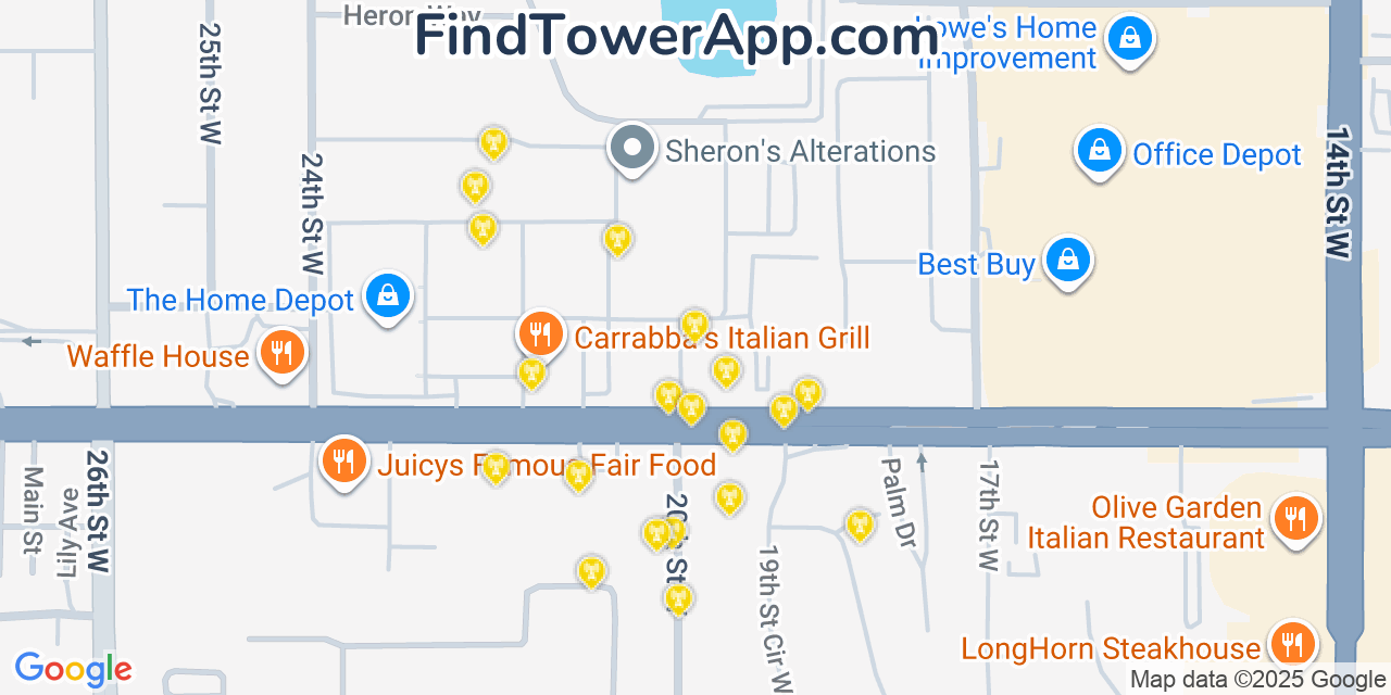 Map showing the 20 primary cell tower locations detected in South Bradenton, Florida from AT&T, Verizon, and T-Mobile networks