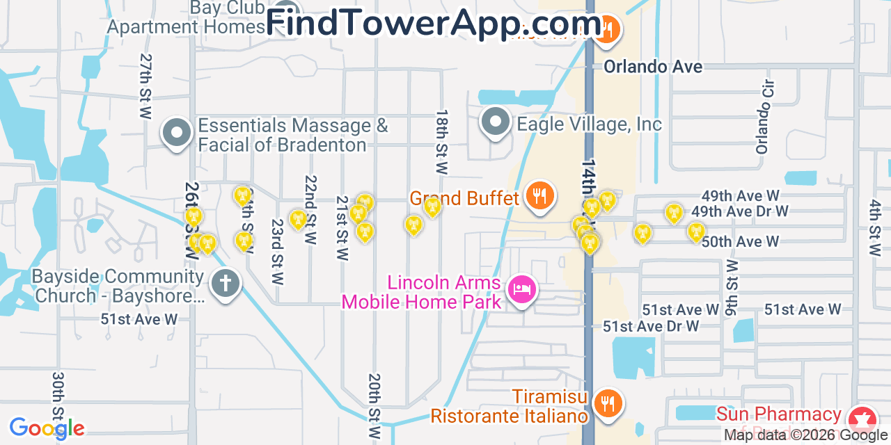 Map showing the 20 primary cell tower locations detected in South Bradenton, Florida from AT&T, Verizon, and T-Mobile networks