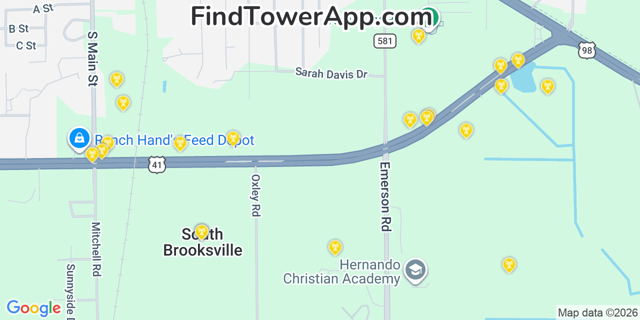 Map showing the 20 primary cell tower locations detected in South Brooksville, Florida from AT&T, Verizon, and T-Mobile networks